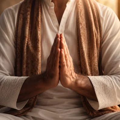 Meditator holding hands in a peaceful prayer namaste pose