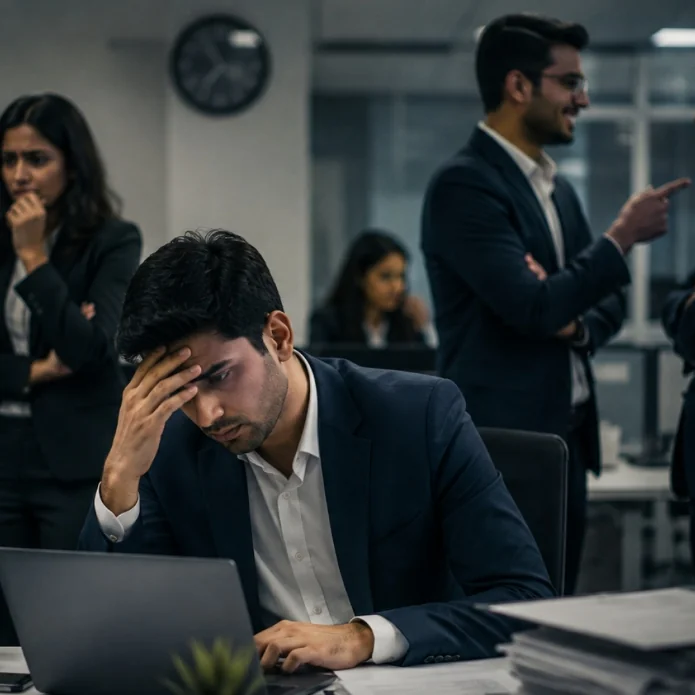 Stressed Indian businessman suffering from work anxiety and corporate office burnout