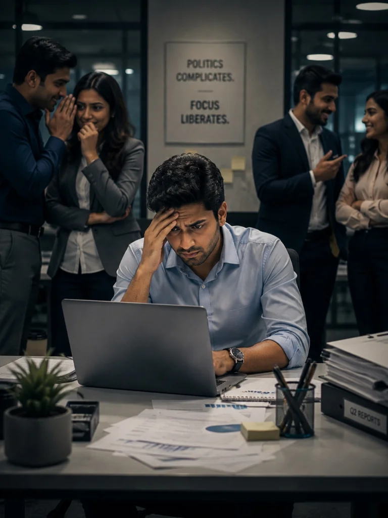 Stressed Indian businessman feeling overwhelmed by corporate politics and workplace anxiety