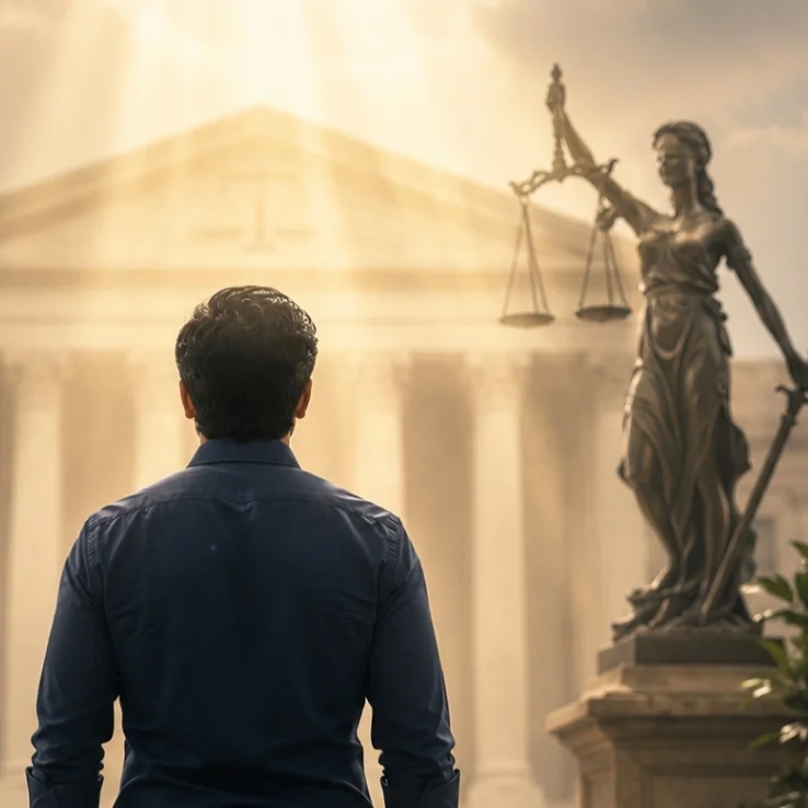 Indian man looking up with hope at a court building with Lady Justice statue under golden sunbeams
