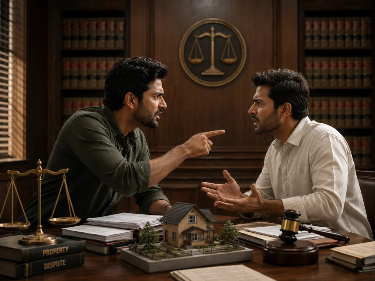 Two Indian men arguing passionately over a property dispute on a wooden desk with a scale and gavel