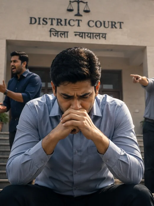 Stressed Indian professional feeling overwhelmed by court litigation and legal dispute conflict