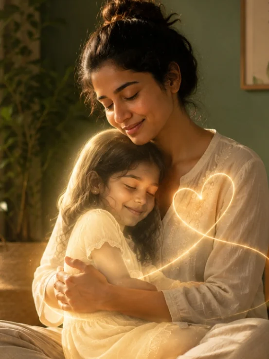 Mother comforting and embracing a glowing representation of her childhood self during inner child healing therapy