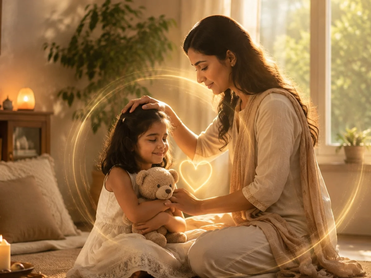 Indian therapist comforting a young girl holding a teddy bear, surrounded by a glowing heart aura symbolizing inner child healing