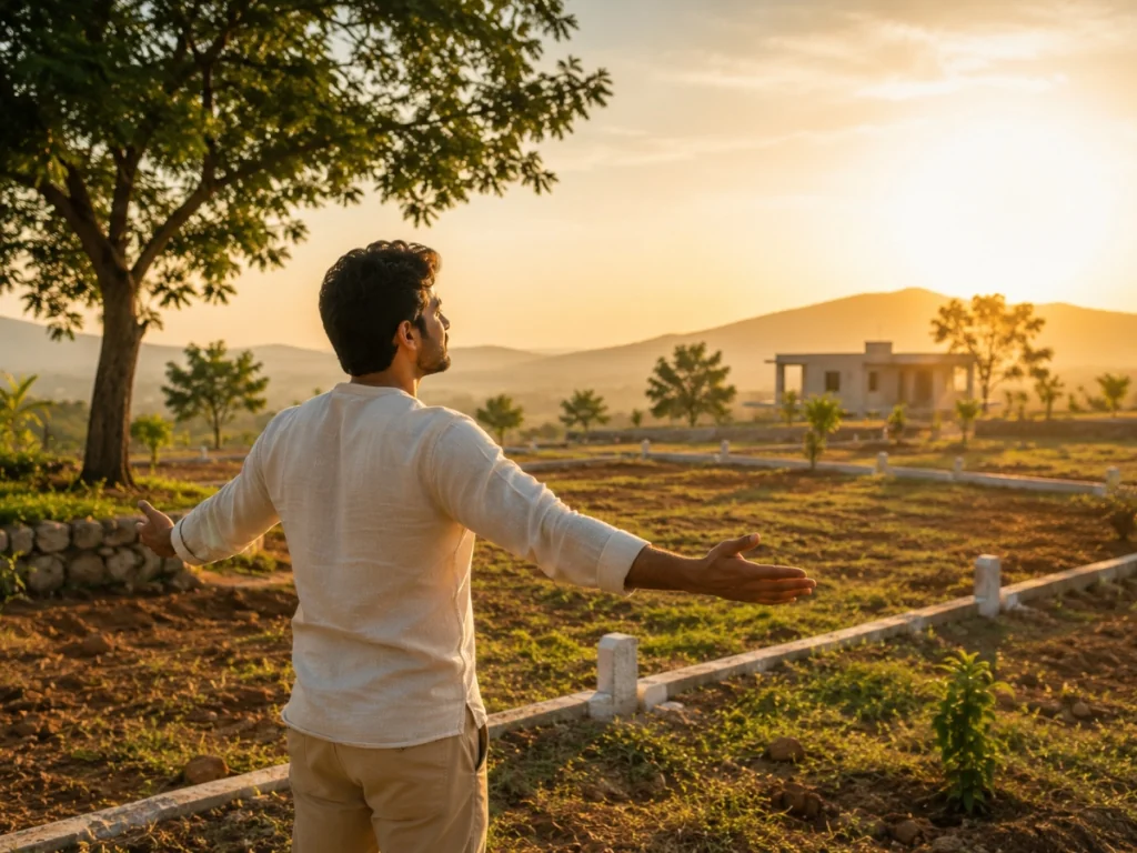 Indian homeowner standing peacefully on a scenic green plot with open arms during sunrise