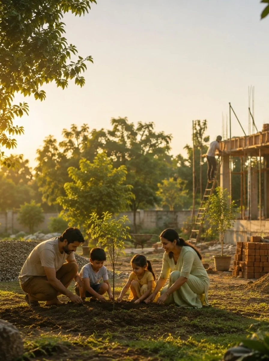 Indian family planting a tree together near their home under warm sun rays
