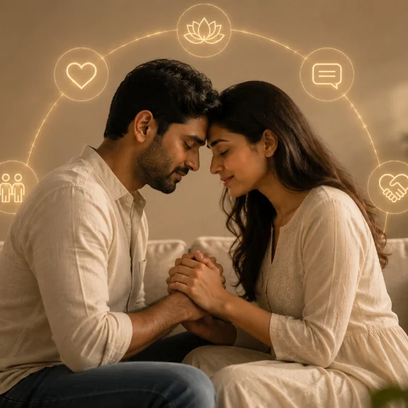 Indian couple meditating together in quiet companionship