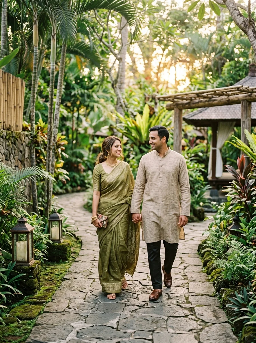 Indian couple walking together peacefully in a calm garden setting