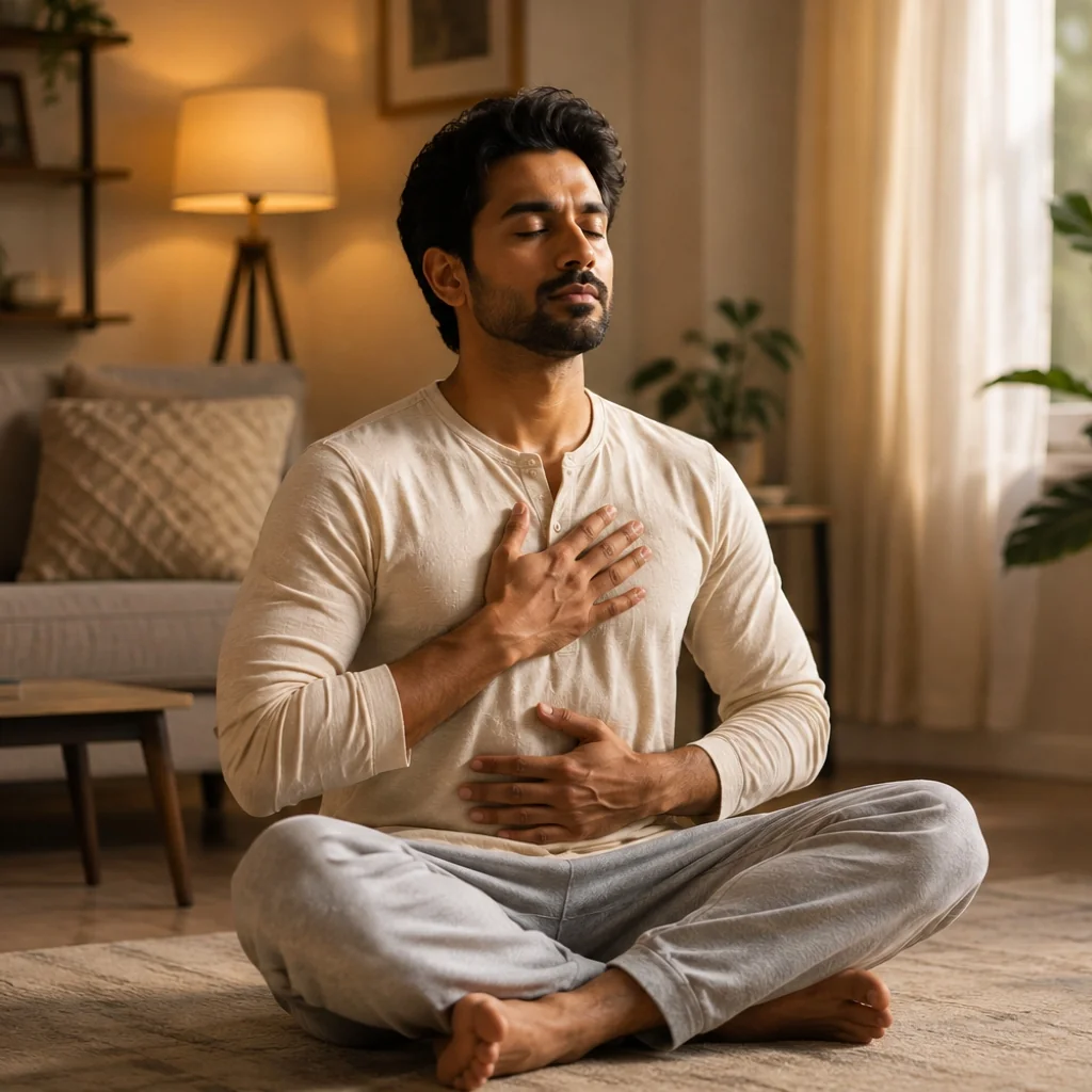 Peaceful man meditating indoors