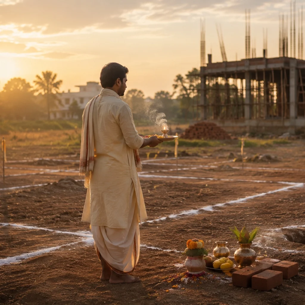 Man standing with arms outstretched on land site during sunset