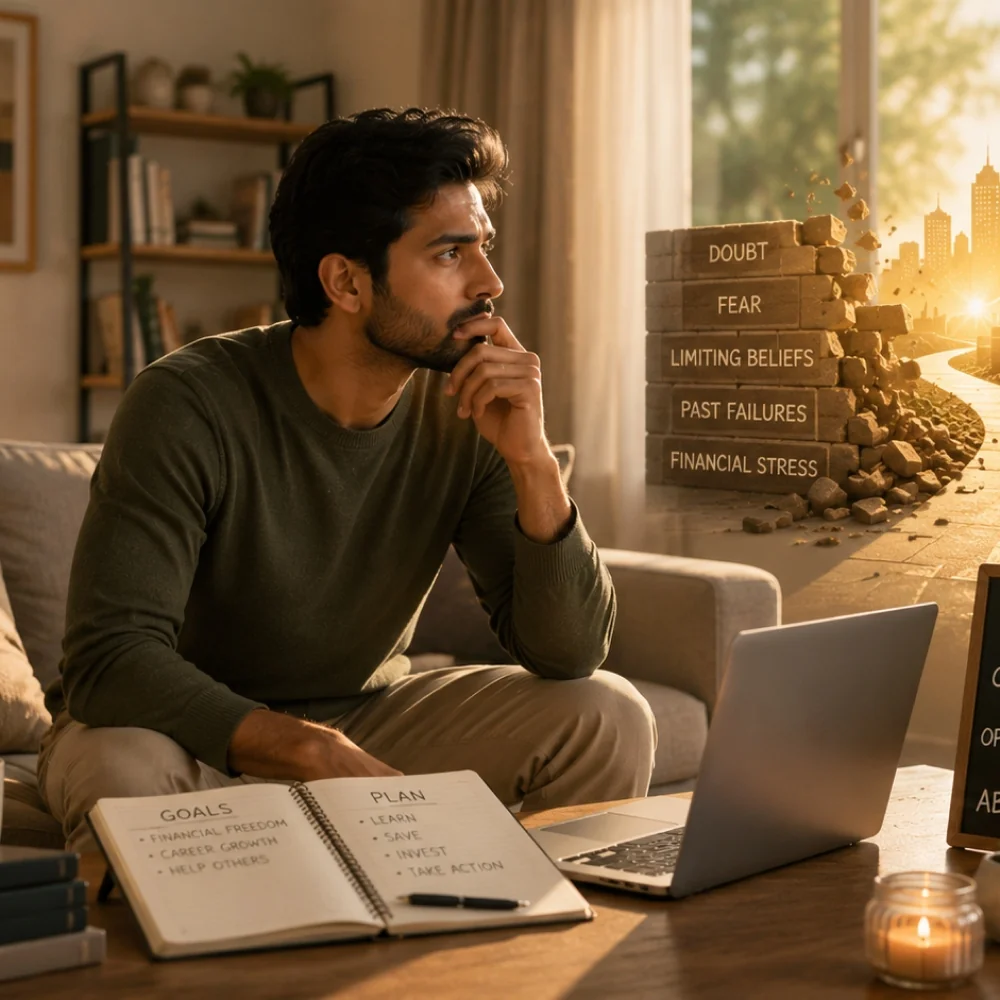 Thoughtful man working on laptop analyzing goals checklist