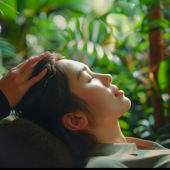 Client receiving relaxing scalp and head energy healing therapy session