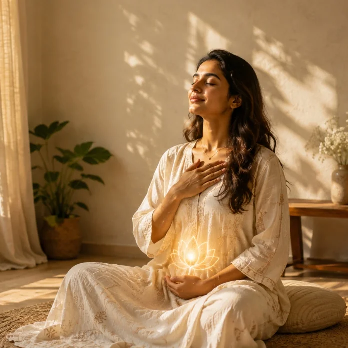 Indian woman in meditation with glowing lotus overlay symbolizing sacral and womb energy alignment